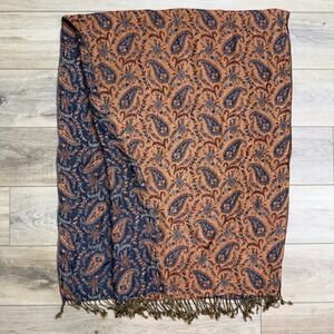 Reversible Paisley Pashmina Shawl Scarf Orange Navy Blue Floral Tassel Fringe
